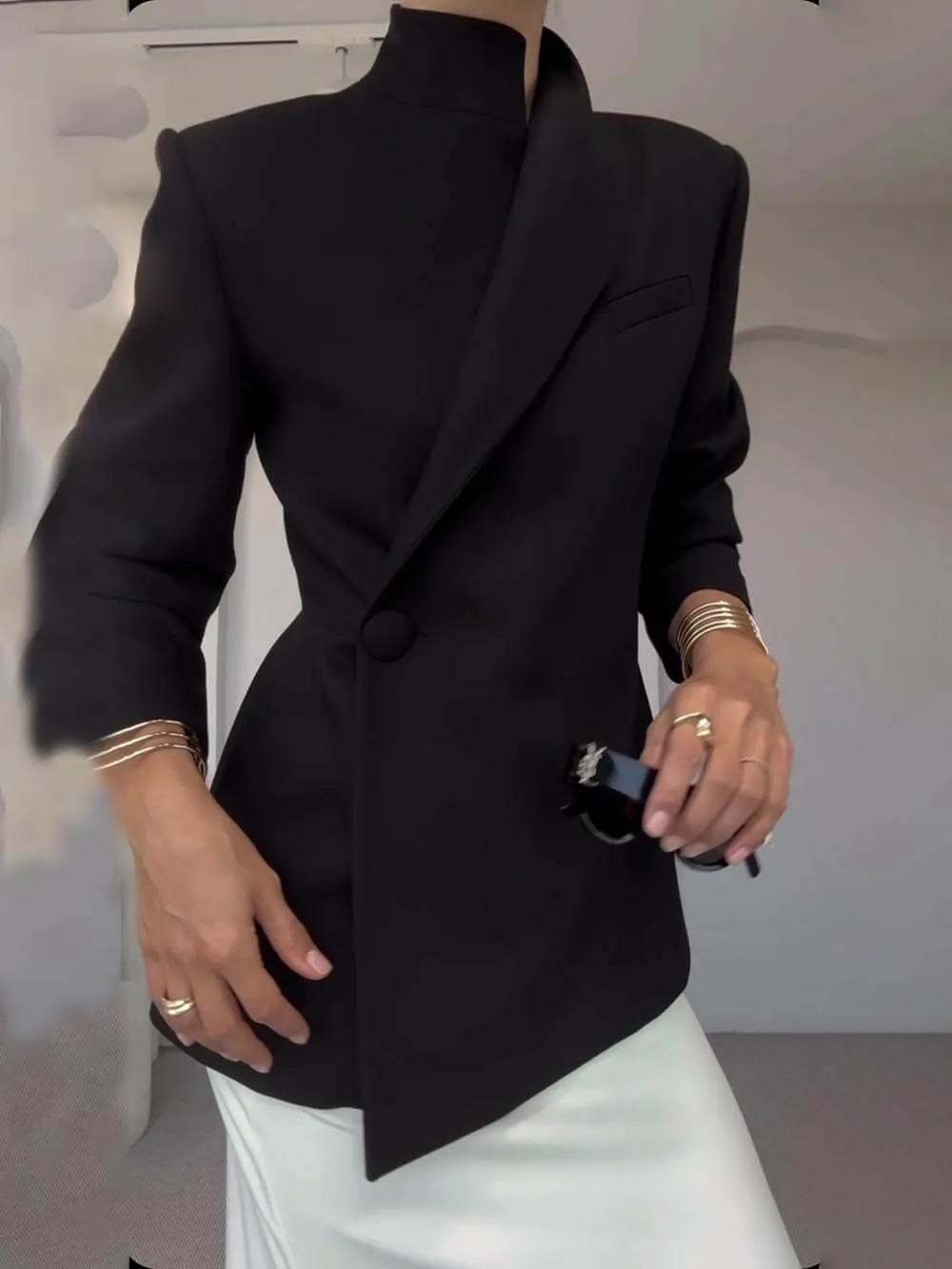 Classic Fashionable Leader One Button Stand Collar Long Sleeve Blazer Jacket