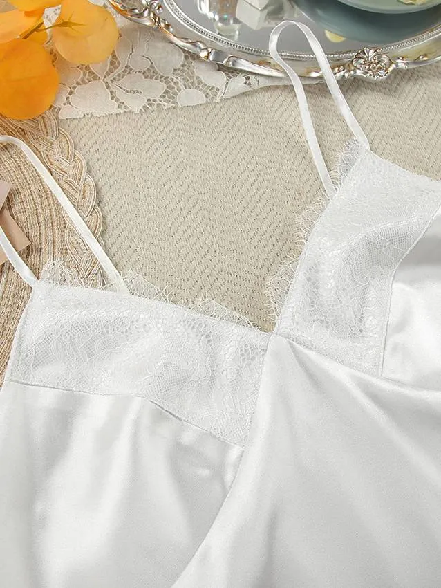 Feather Stitching Robe Slip Dress Pajamas Two-Piece suit