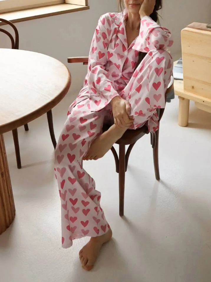 Heart Printed Long Sleeve and Long Pants Homewear Set