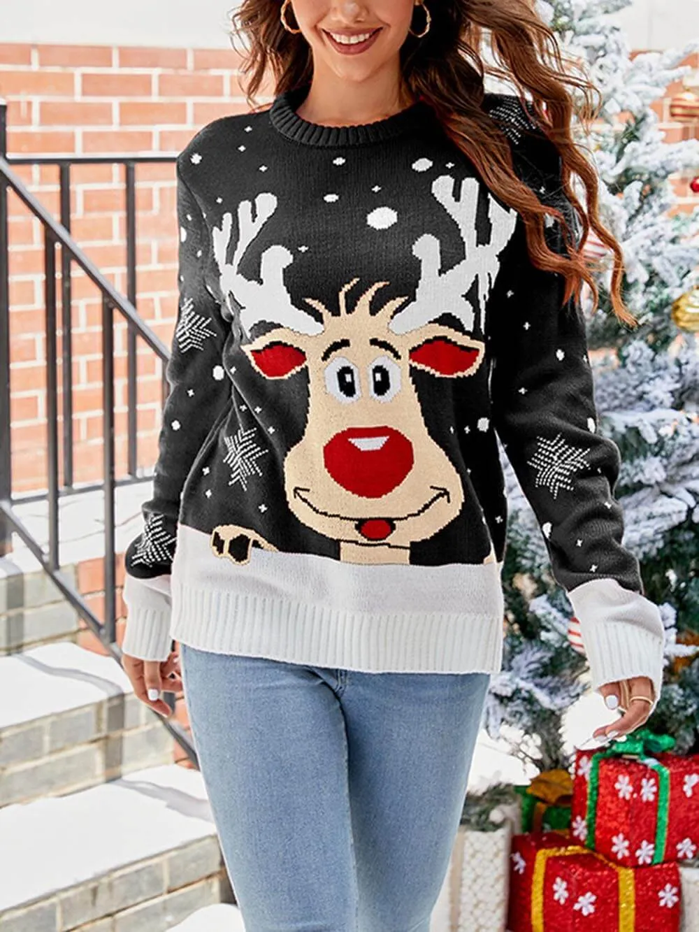 Lazy Style Christmas Reindeer Jacquard Pullover Knitted Sweater
