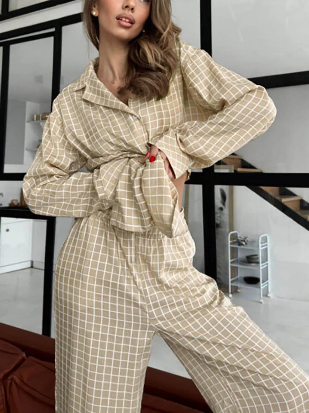 Loose-Fitting Plaid Print Long-Sleeved Home Wear Set