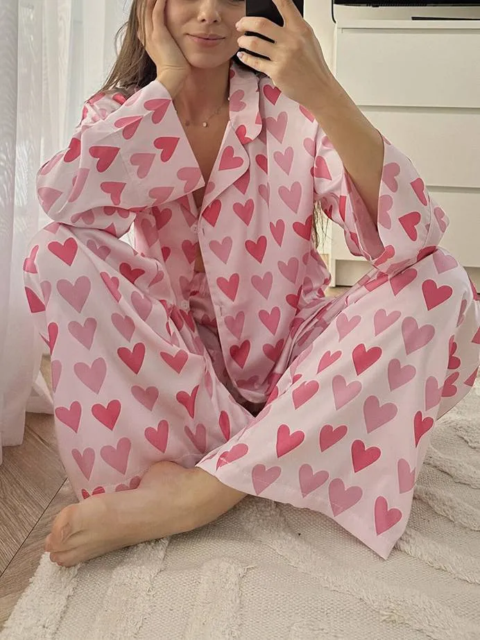 Heart Printed Long Sleeve and Long Pants Homewear Set