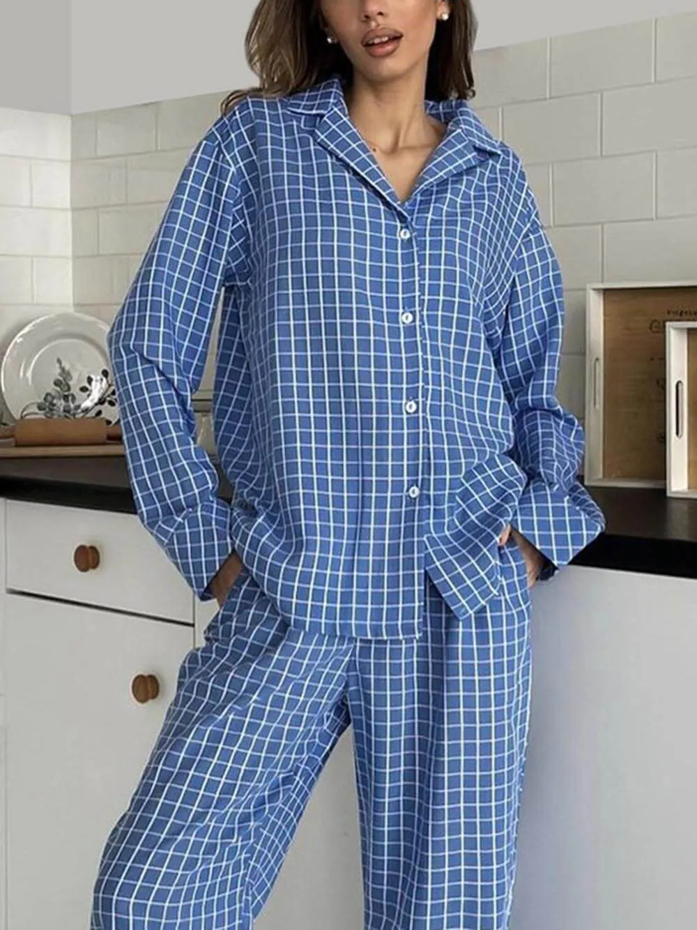 Loose-Fitting Plaid Print Long-Sleeved Home Wear Set