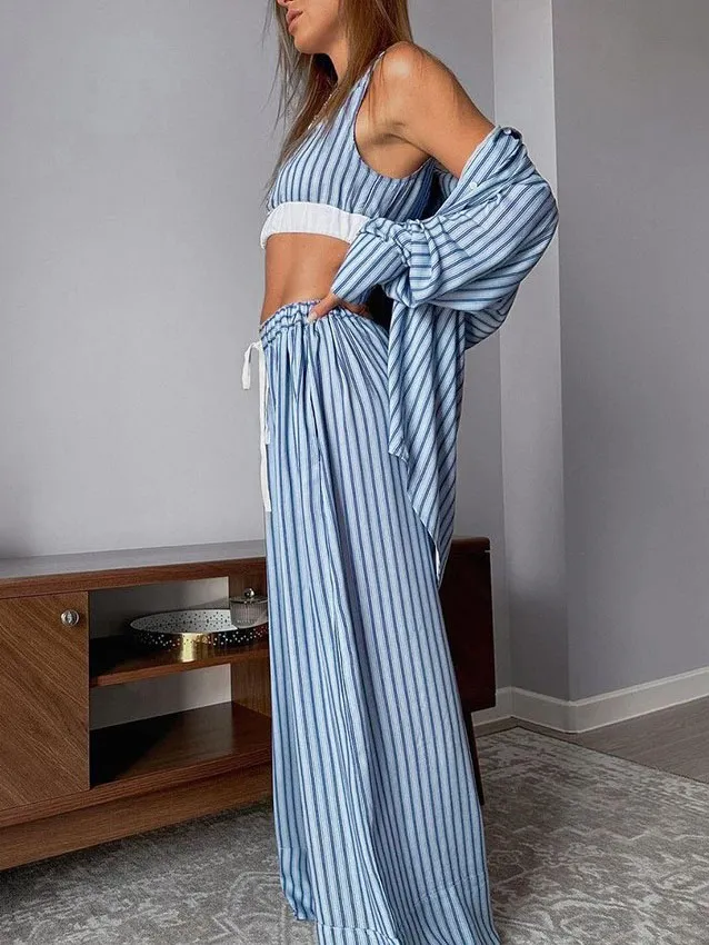 Striped Printed Vest Cardigan Pants Pajamas Three-piece Set