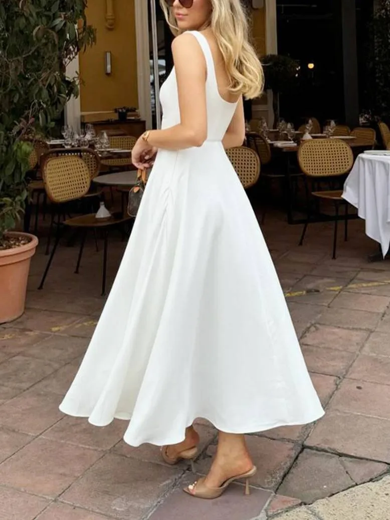 Elegant Sling Square Collar Large Swing MidI Dress