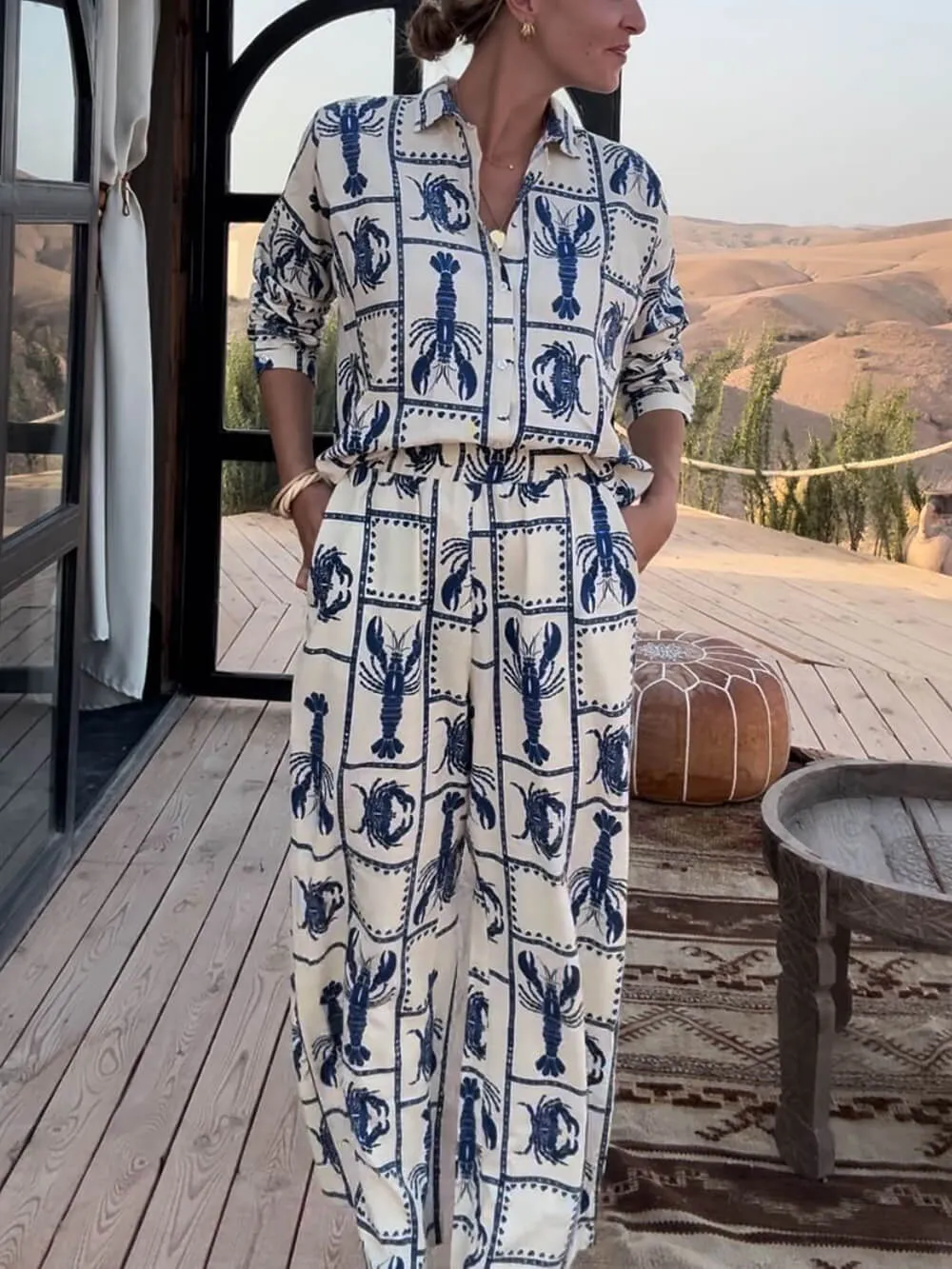 Unique Fun Lobster Pattern Printed Loose Shirt