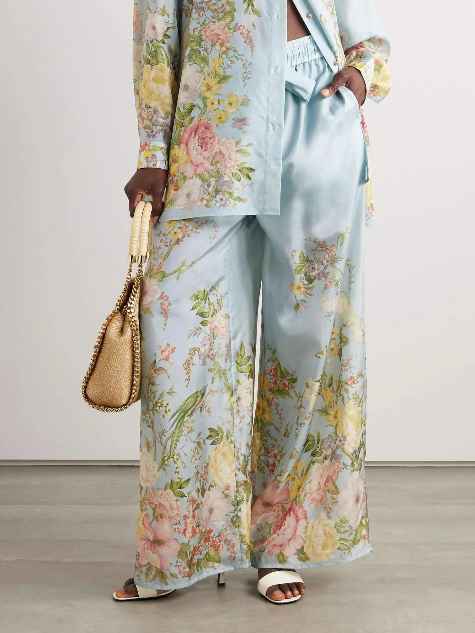 Fine Satin Positioned Floral Print Wide Leg Pants
