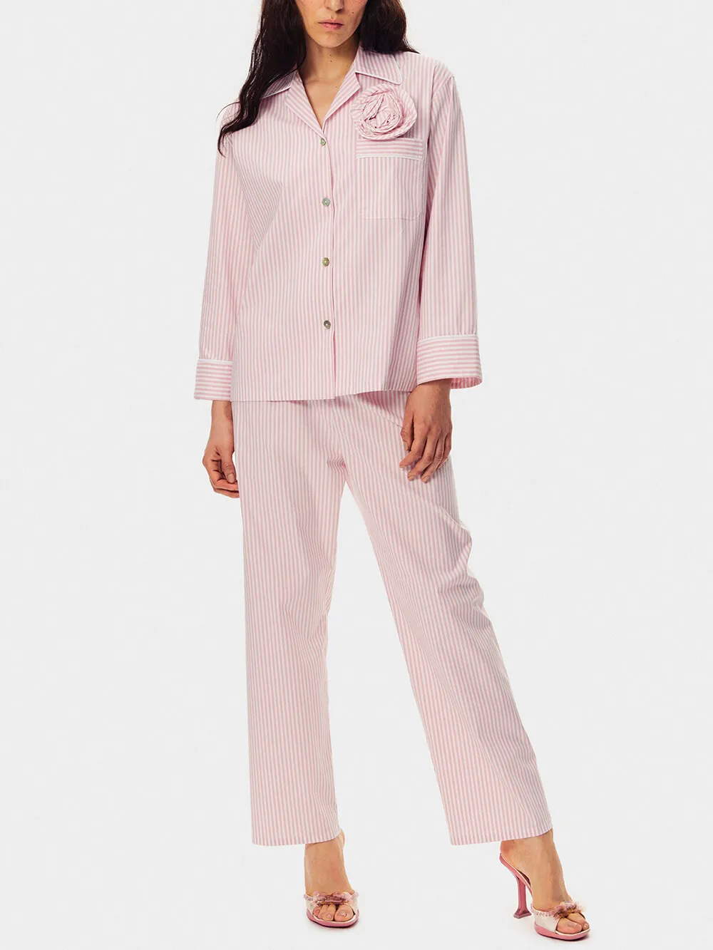 Pink Stripes Print Loose Pajama Set