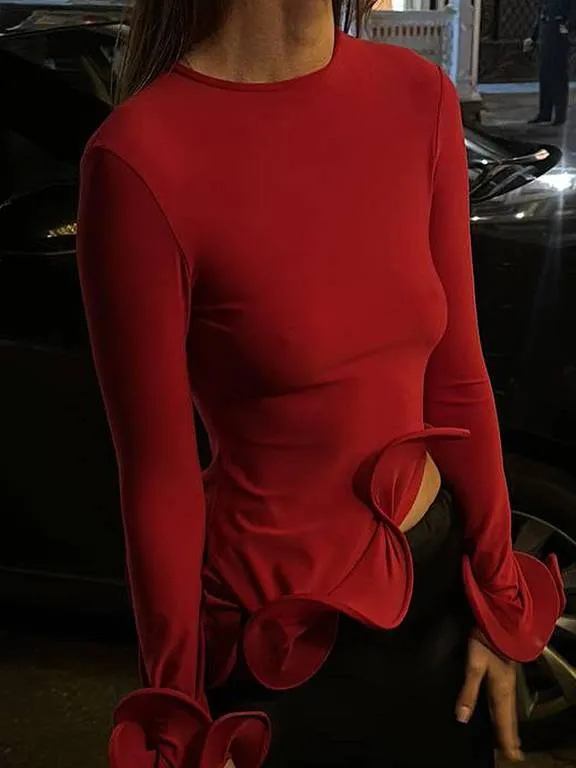 Ruffled Round Neck Trumpet Long Sleeve T-shirt