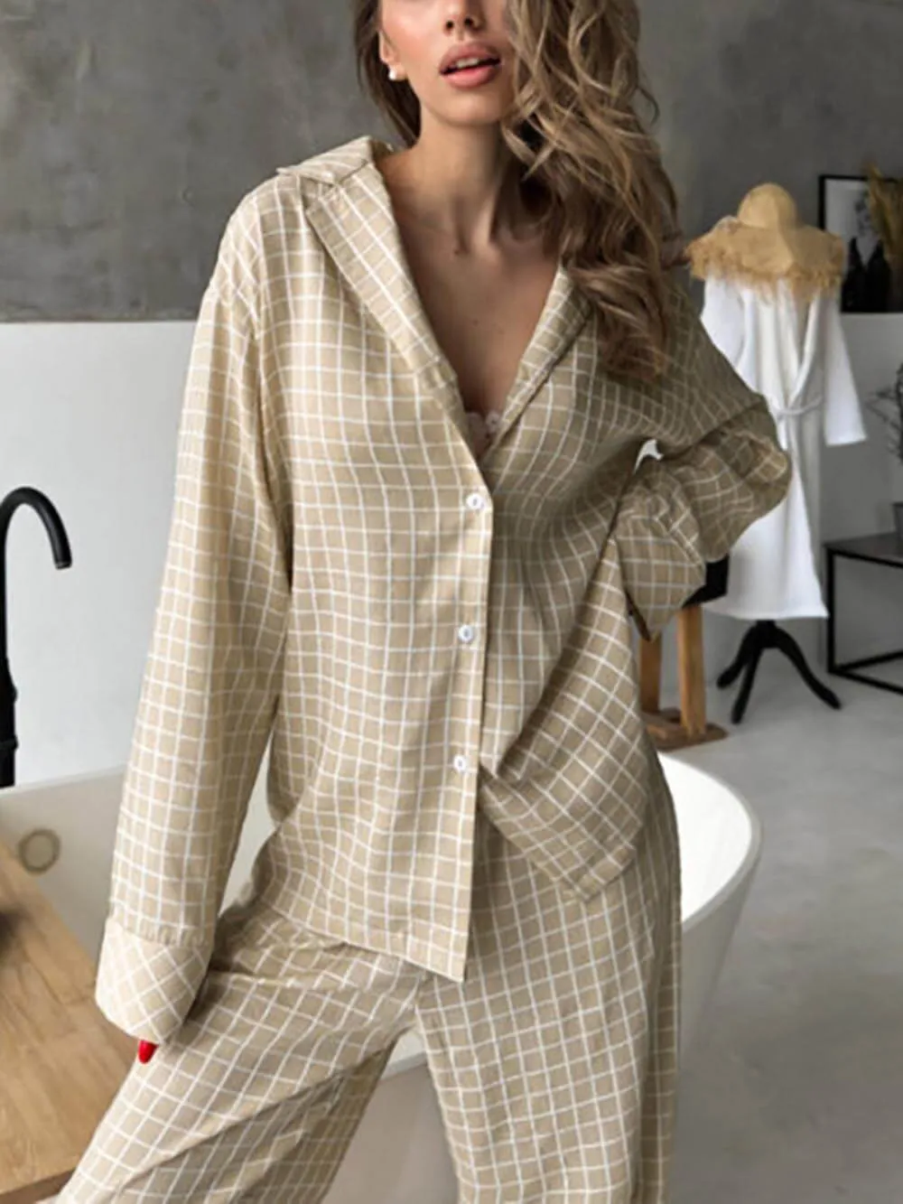 Loose-Fitting Plaid Print Long-Sleeved Home Wear Set