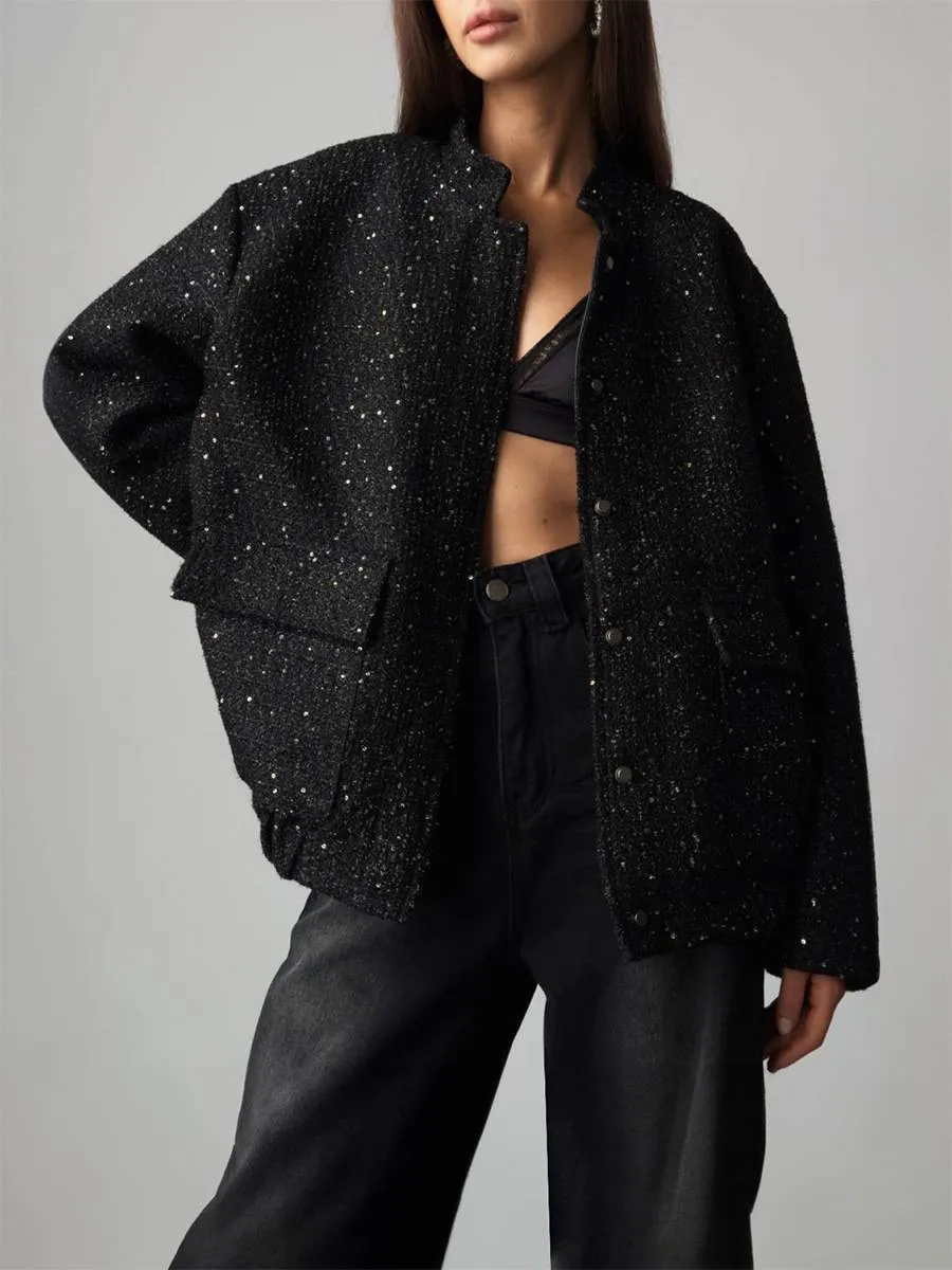 Gold Sequin Stand Collar Loose Jacket