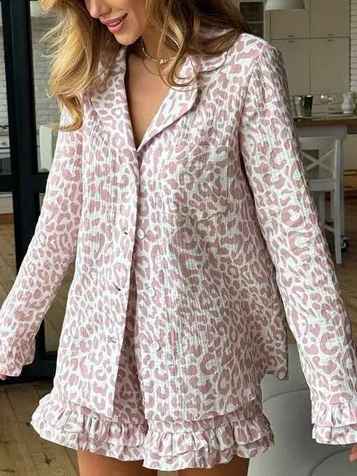 Leopard Print Long Sleeve Shorts Pajamas Suit