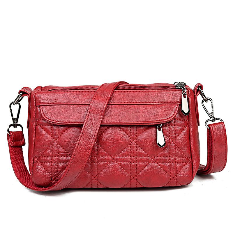 Ladies double-layer large capacity diagonal shoulder bag washed soft leather pouch