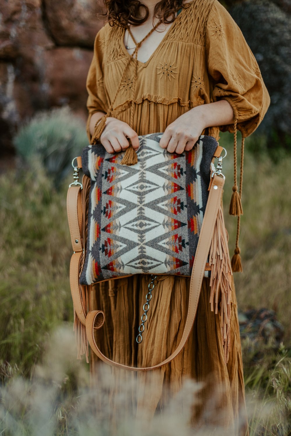 SOUTHWESTERN FRINGE BAG IN PACIFIC CREST + CARAMEL LEATHER