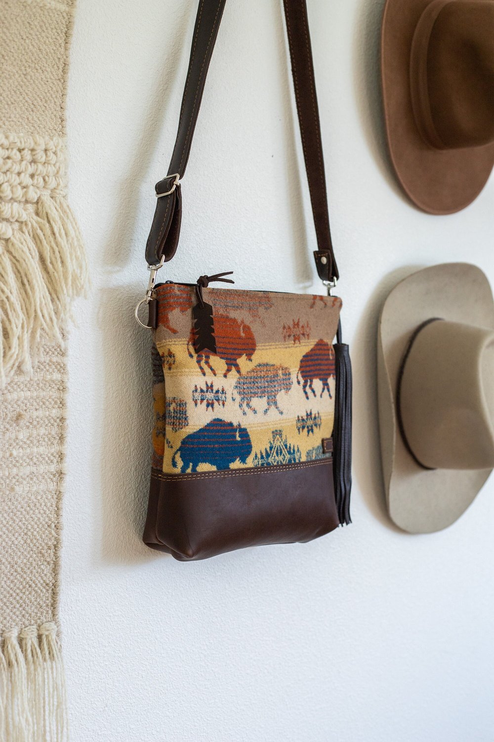 LAND OF BUFFALO WOOL LEATHER BOTTOM CROSS BODY PURSE WITH BROWN WAXED LEATHER