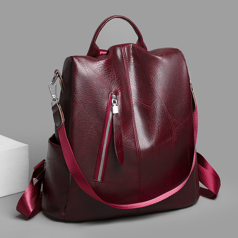 Women's Soft Leather Double Shoulder Retro Splicing Bag