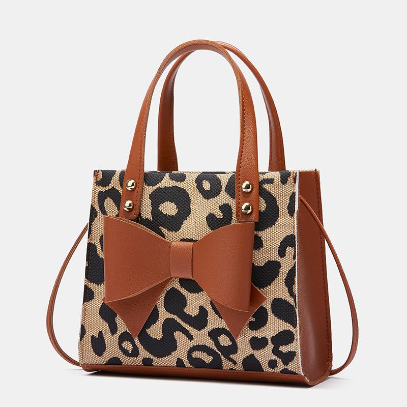 Women's Bag Bow Stitching Contrast Portable Simple Leopard Print Single Shoulder Diagonal Small Square Bag