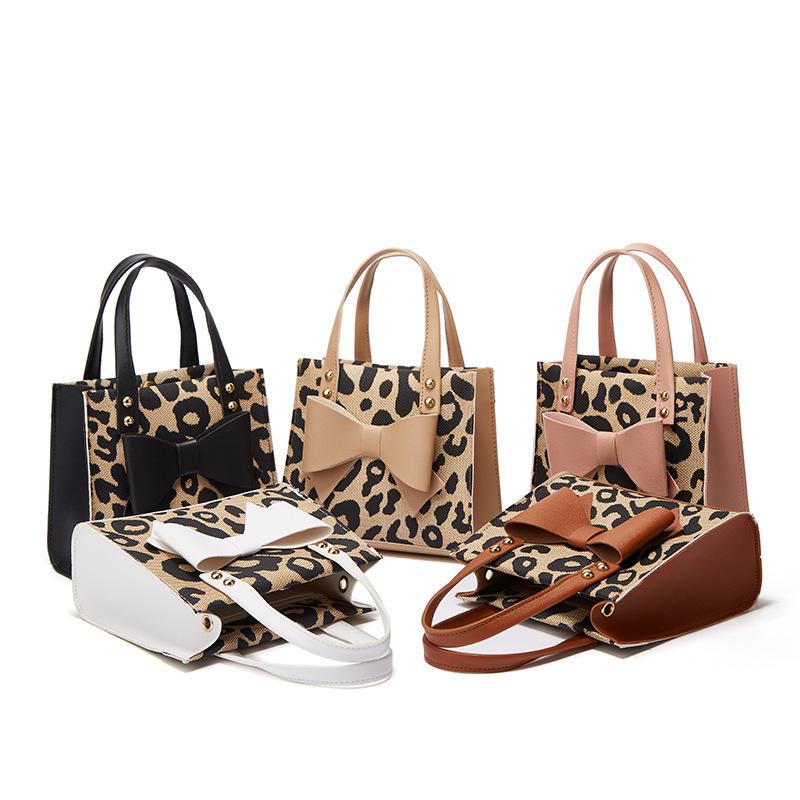 Women's Bag Bow Stitching Contrast Portable Simple Leopard Print Single Shoulder Diagonal Small Square Bag