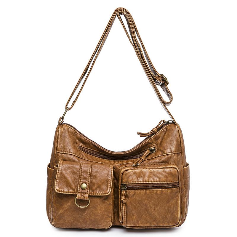 Retro Real Washed Leather Motorcycle Bag Soft Leather Fashion Double Bag Shoulder Diagonal Women's Bag