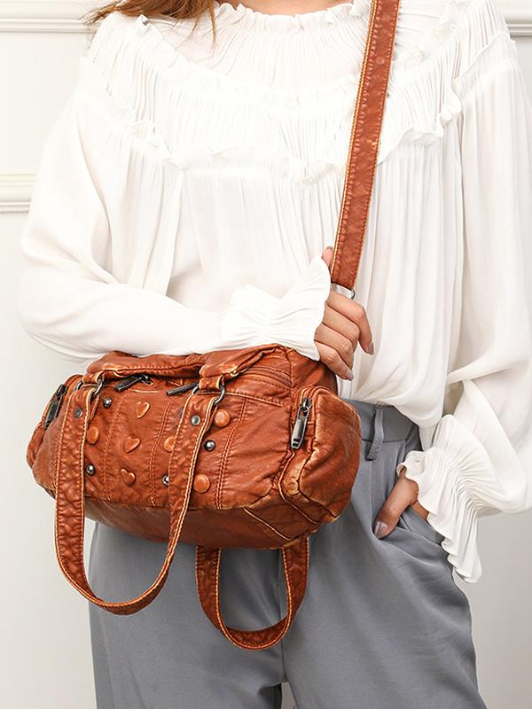 Heart Studded High Capacity Washed Leather Bag