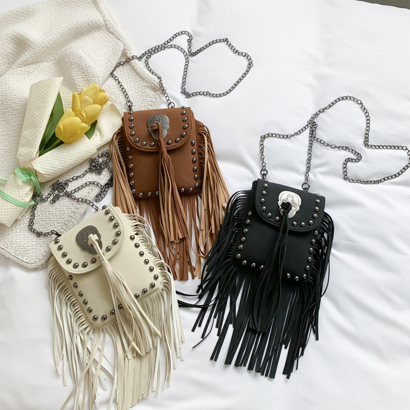 Soft Leather Rivet Tassel Bag Chain Shoulder Crossbody Bag