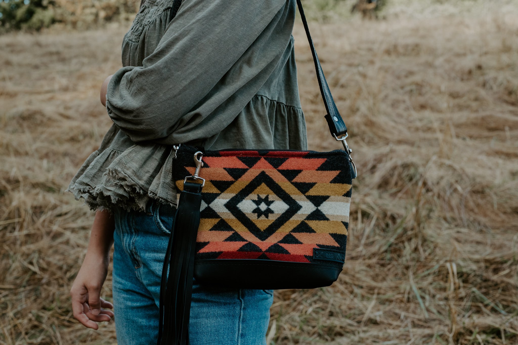HIP BAG  SLING BAG IN PUEBLO DWELLING + BLACK WAXED LEATHER