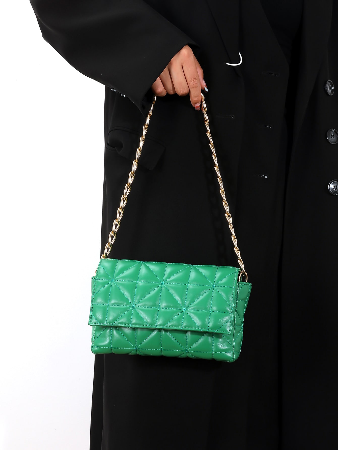 Minimalist quilted chain-embellished square bag