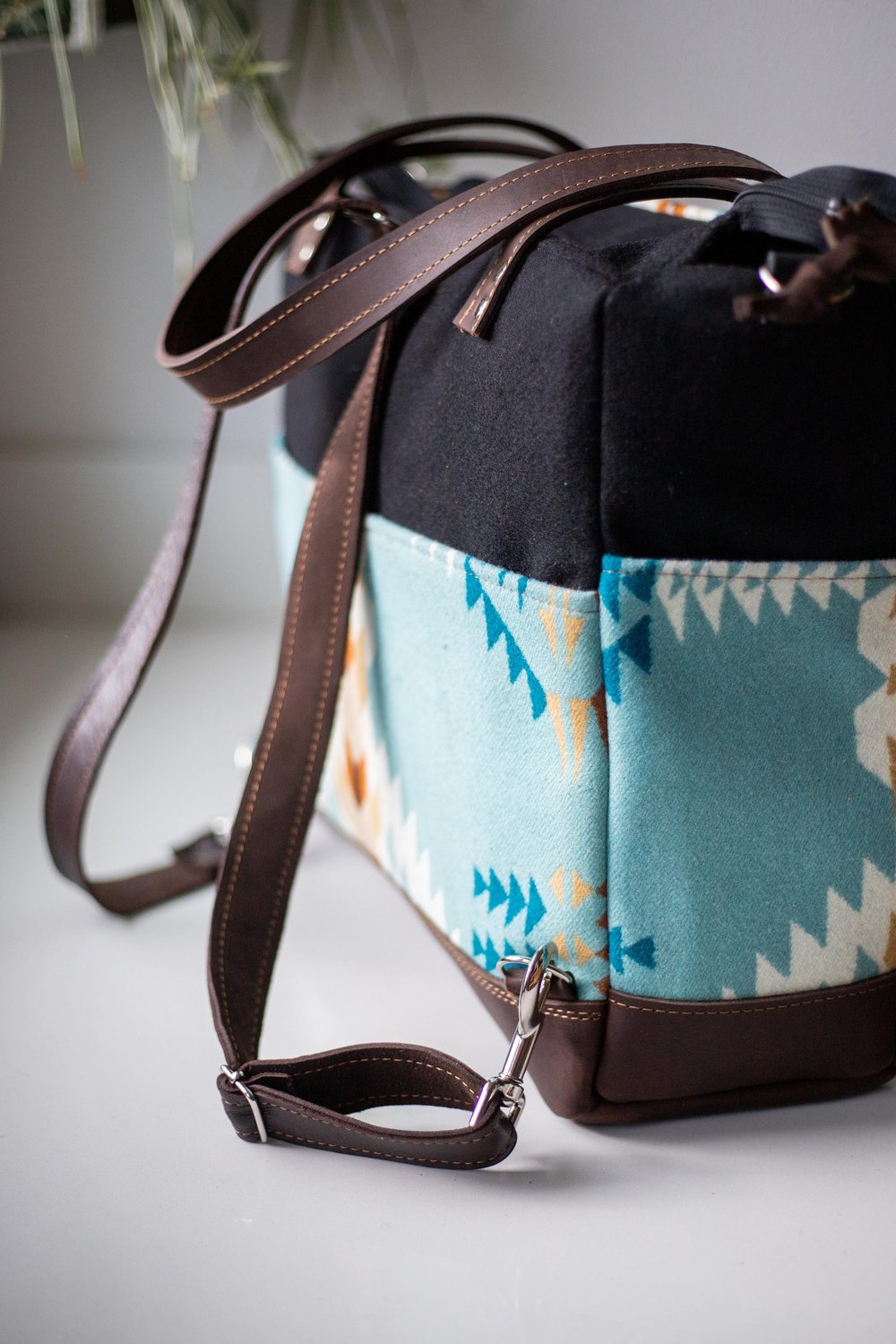 UNISEX DIAPER BAG TOTE IN LEATHER AND NATIVE WOOL, SOUTHWESTERN CARRY ON TOTE,