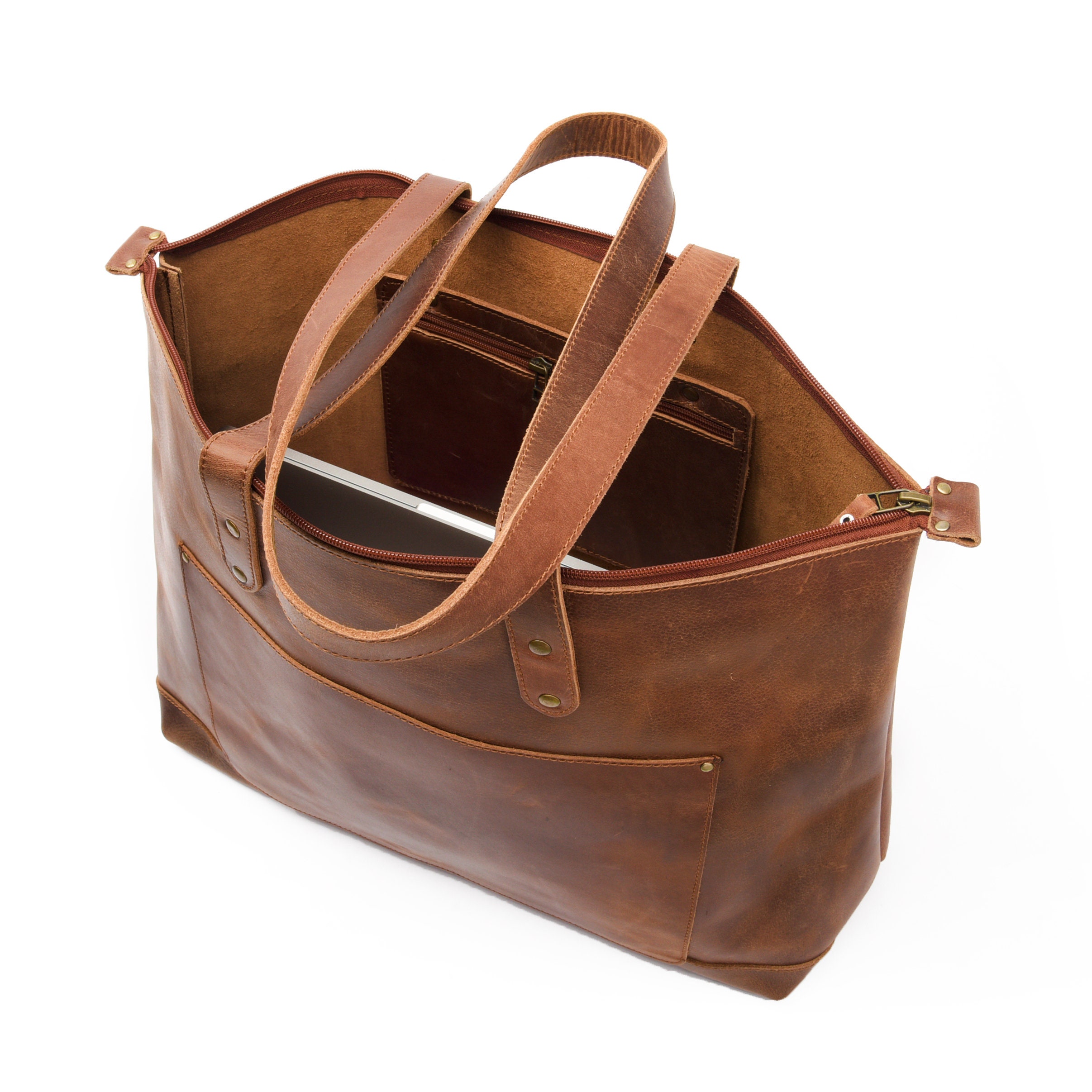 Leather Tote Bag Leather Anniversary Gift for Women Zipper Outside Pocket Totes Leather Purse