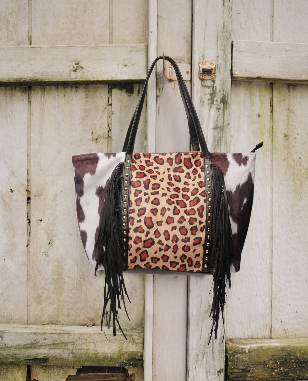 Leopard cow print sunflower sunflower tassel rivet PU super large capacity shoulder bag