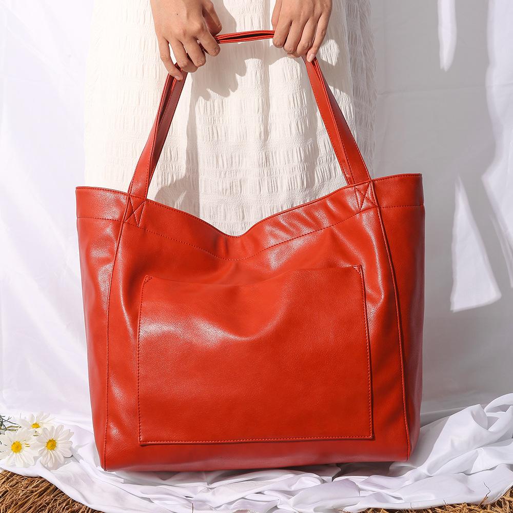 With Pocket Women's Large Bag Soft Leather Hand Shoulder Large Capacity New Tote Women's Bag